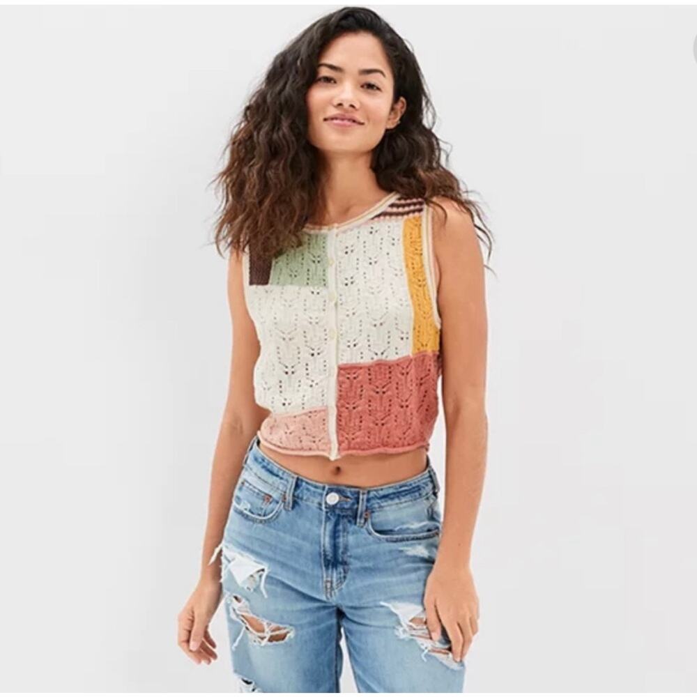 American Eagle AE Patchwork Crochet Knit Sweater Vest Women Size XS Boho Coastal